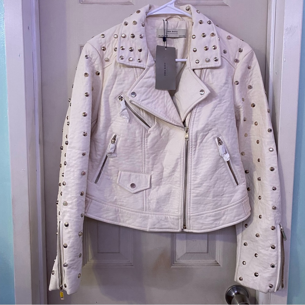 zara basic outerwear white leather jacket with studs classy style fashion NWT